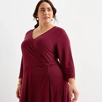 Perceptions Womens Plus 3/4 Sleeve Midi Fit + Flare Dress