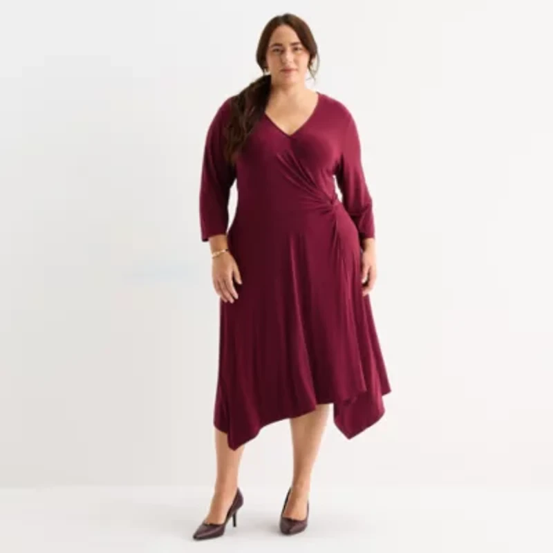 Perceptions Womens Plus 3/4 Sleeve Midi Fit + Flare Dress