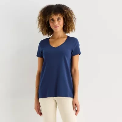St. John's Bay Womens Easy-on + Easy-off V Neck Short Sleeve T-Shirt