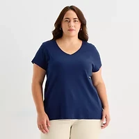 St. John's Bay Womens Plus Easy-on + Easy-off V Neck Short Sleeve Adaptive T-Shirt