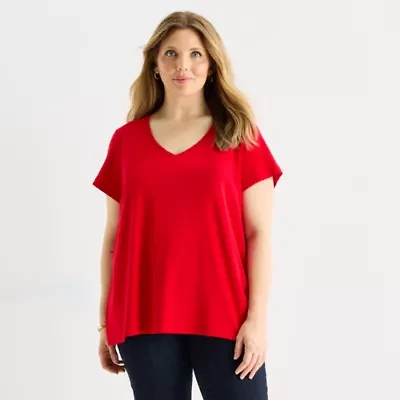 St. John's Bay Womens Plus Easy-on + Easy-off V Neck Short Sleeve Adaptive T-Shirt