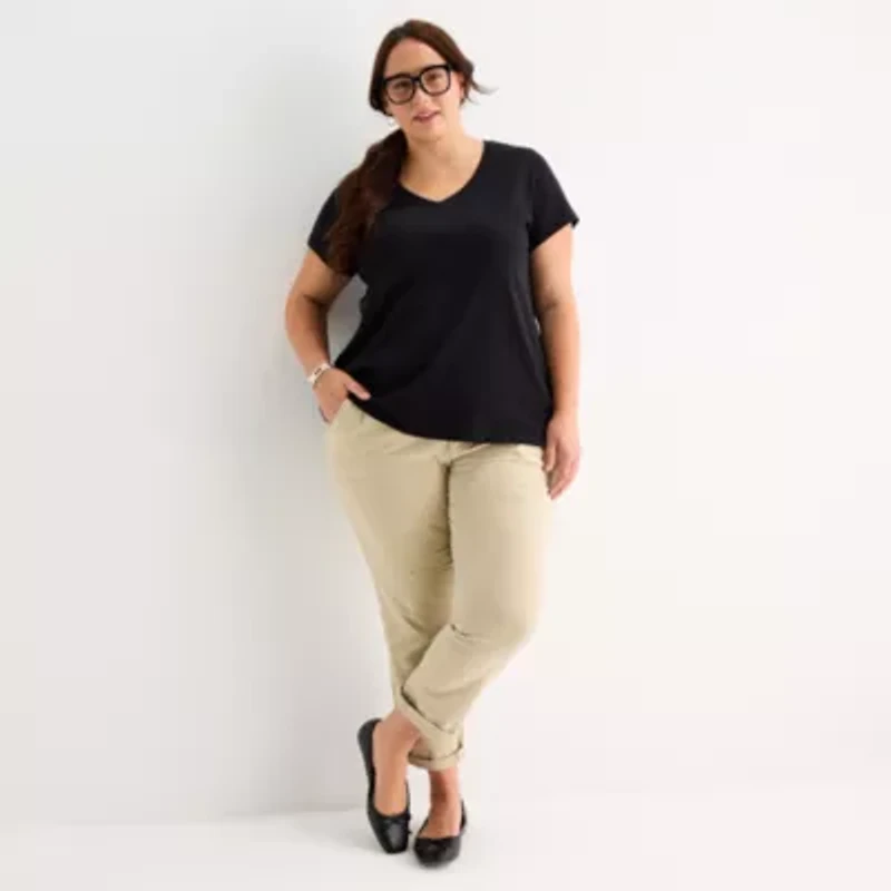 St. John's Bay Womens Plus Easy-on + Easy-off V Neck Short Sleeve Adaptive T-Shirt