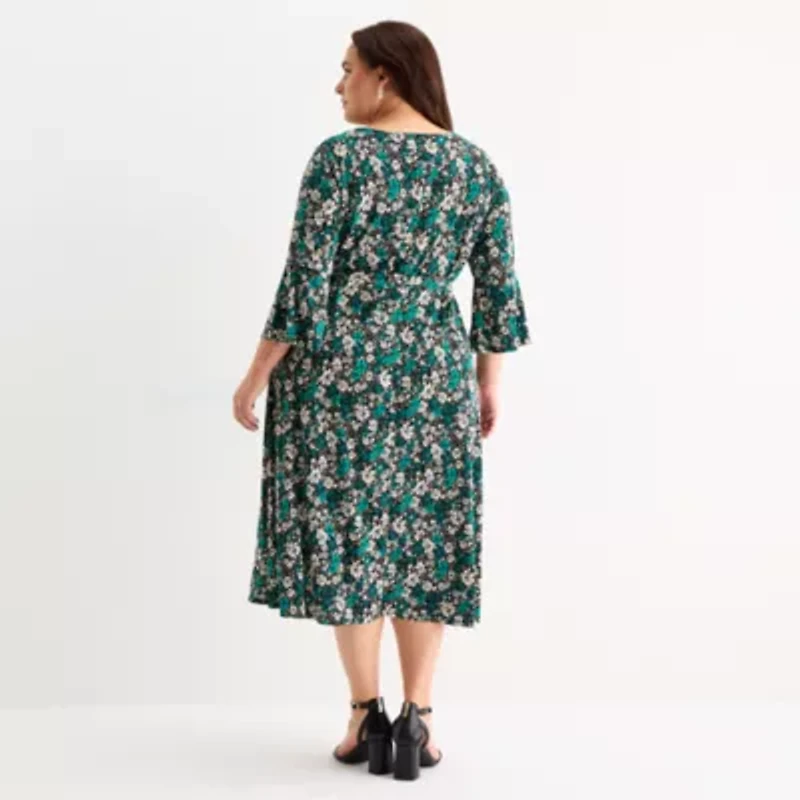 Perceptions Womens Plus 3/4 Sleeve Floral Midi Fit + Flare Dress