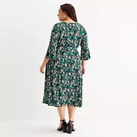 Perceptions Womens Plus 3/4 Sleeve Floral Midi Fit + Flare Dress