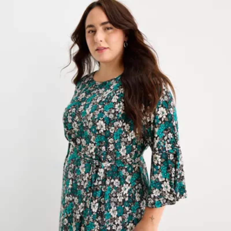 Perceptions Womens Plus 3/4 Sleeve Floral Midi Fit + Flare Dress