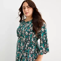 Perceptions Womens Plus 3/4 Sleeve Floral Midi Fit + Flare Dress