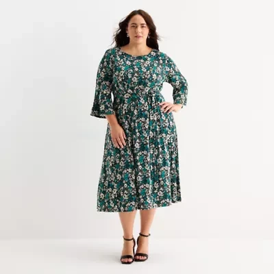 Perceptions Womens Plus 3/4 Sleeve Floral Midi Fit + Flare Dress