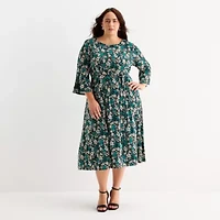 Perceptions Womens Plus 3/4 Sleeve Floral Midi Fit + Flare Dress