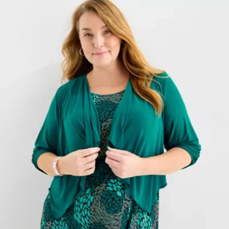 Perceptions Womens Abstract Jacket Dress Plus