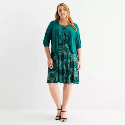 Perceptions Womens Abstract Jacket Dress Plus