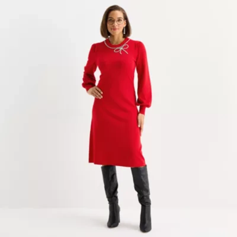 Liz Claiborne Womens Long Sleeve Midi Sweater Dress