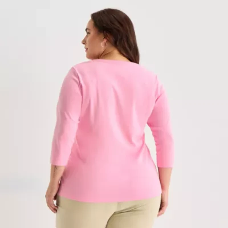 St. John's Bay Womens Plus V Neck 3/4 Sleeve T-Shirt
