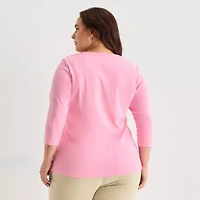 St. John's Bay Womens Plus V Neck 3/4 Sleeve T-Shirt