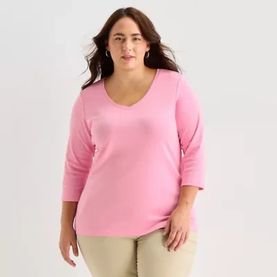 St. John's Bay Womens Plus V Neck 3/4 Sleeve T-Shirt