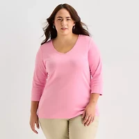 St. John's Bay Womens Plus V Neck 3/4 Sleeve T-Shirt