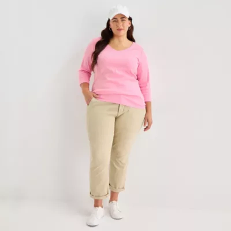 St. John's Bay Womens Plus V Neck 3/4 Sleeve T-Shirt