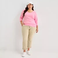 St. John's Bay Womens Plus V Neck 3/4 Sleeve T-Shirt