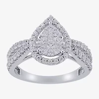 Diamond Blossom (H-I / I1) Womens 1 CT. T.W. Lab Grown White 10K Gold Pear Halo Cocktail Ring