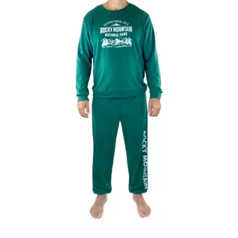 Mens Fleece Round Neck Long Sleeve 2-pc. Pajama Set