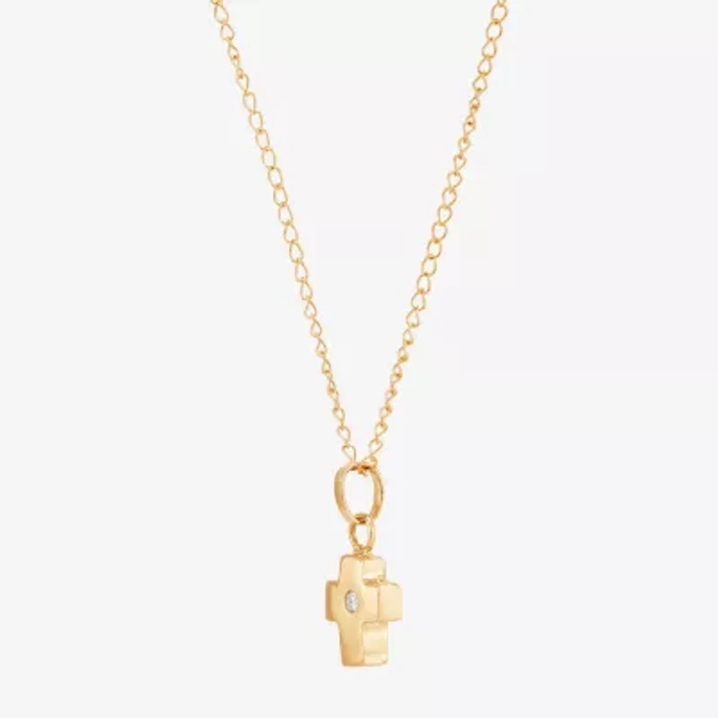 Girls White Diamond 14K Gold Cross 13 Inch Pendant Necklace