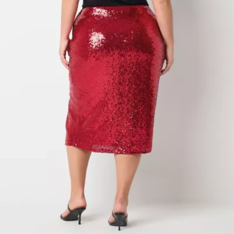 Premier Amour Sequin Womens Midi Pencil Skirt Plus
