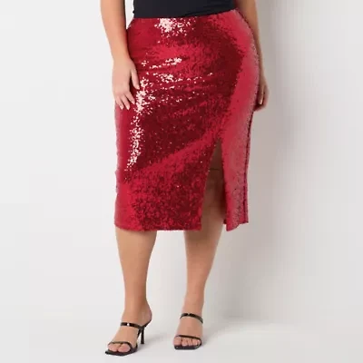 Premier Amour Sequin Womens Midi Pencil Skirt Plus