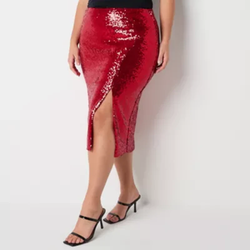Premier Amour Sequin Womens Midi Pencil Skirt Plus