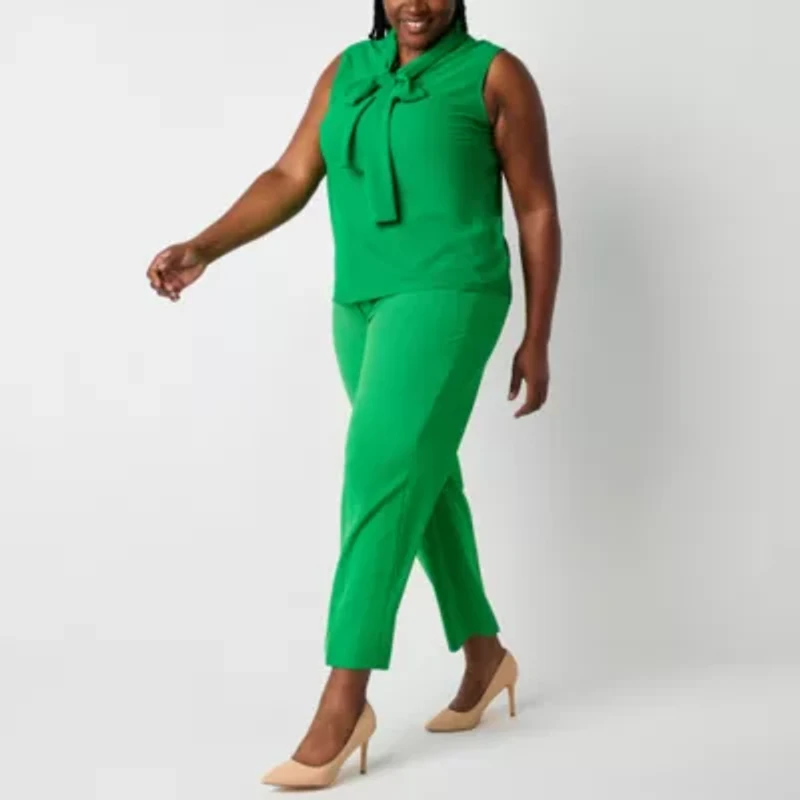 Black Label by Evan-Picone Womens Plus Split Tie Neck Sleeveless Blouse