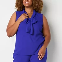 Black Label by Evan-Picone Womens Plus Split Tie Neck Sleeveless Blouse