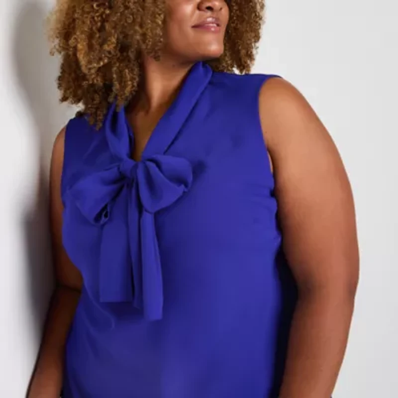 Black Label by Evan-Picone Womens Plus Split Tie Neck Sleeveless Blouse