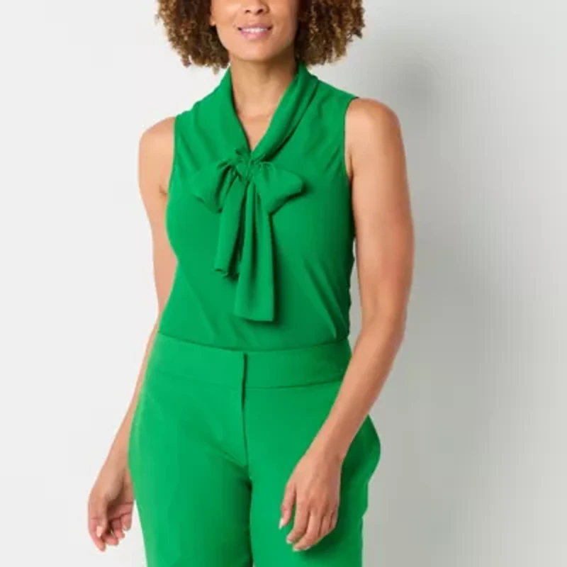 Black Label by Evan-Picone Womens Split Tie Neck Sleeveless Blouse