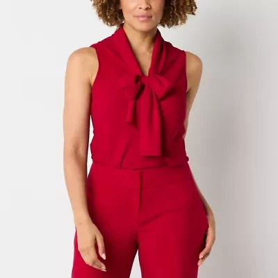 Black Label by Evan-Picone Womens Split Tie Neck Sleeveless Blouse