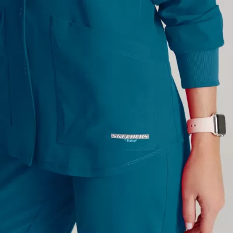 Skechers Sk401 Stability 2-Pocket Crewneck Snap-Front Warm-Up Womens Tag Free Stretch Fabric Moisture Wicking Scrub Jackets