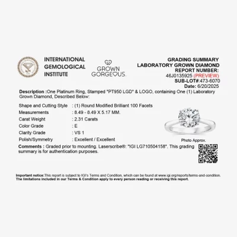 Grown Gorgeous (F,Vs2) Womens 2 1/4 CT. T.W. Lab White Diamond 14K Gold or Platinum Round Solitaire Engagement Ring