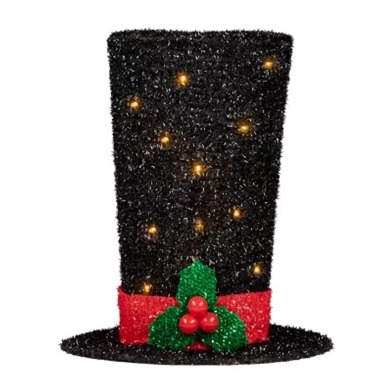 9.25'' Lighted Black Tinsel Top Hat Christmas Tree Topper  Clear Lights