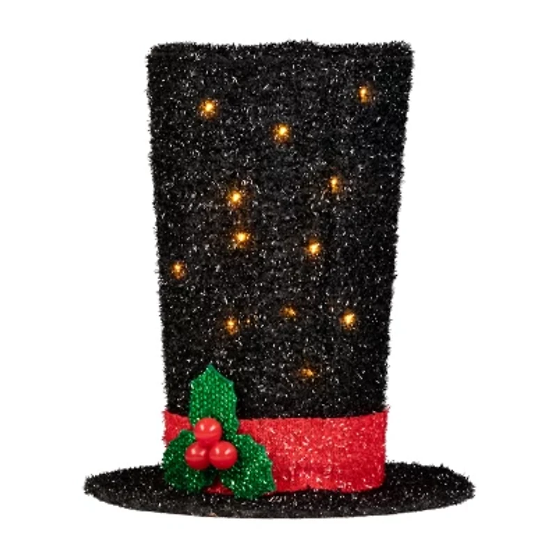 9.25'' Lighted Black Tinsel Top Hat Christmas Tree Topper  Clear Lights