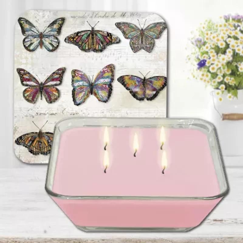 Courtside Market Butterfly Love Pattern 3-In-1 20oz Soy Wax With Decorative Art Lid Scented Jar Candle