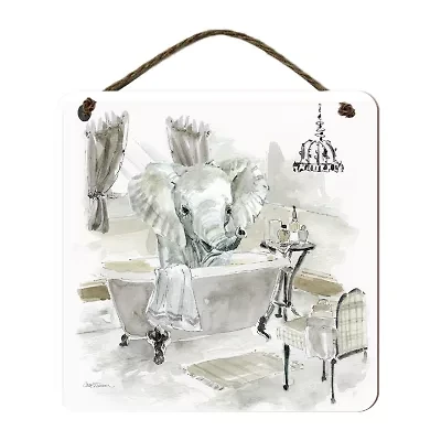 Courtside Market Elephant Bath 12x12 Artboard With Twine Wood Wall Art