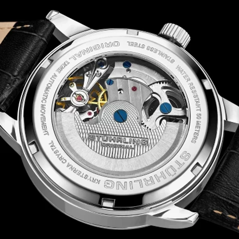 Stuhrling Mens Automatic Black Leather Strap Watch 3917