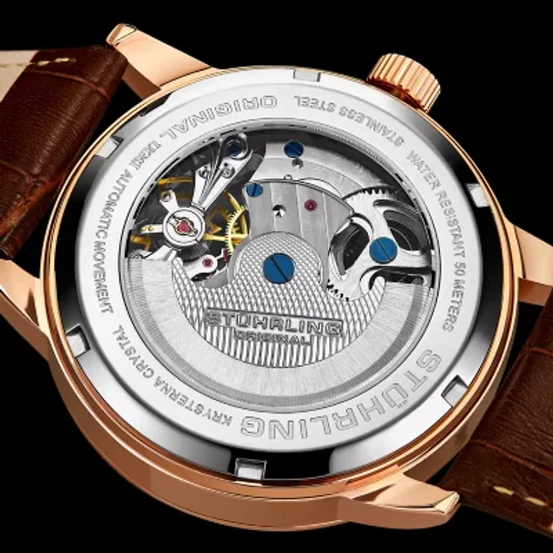 Stuhrling Mens Automatic Brown Leather Strap Watch 3917 3