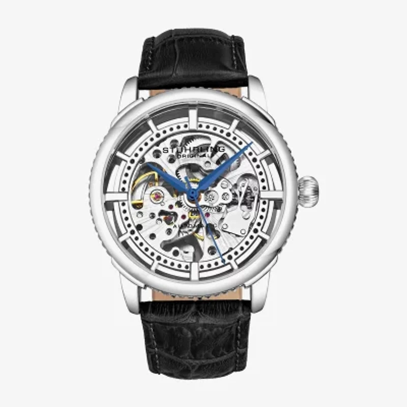 Stuhrling Mens Automatic Black Leather Strap Watch 3933