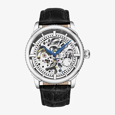 Stuhrling Mens Automatic Black Leather Strap Watch 3933