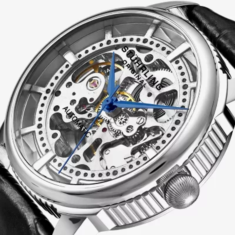Stuhrling Mens Automatic Black Leather Strap Watch 3933