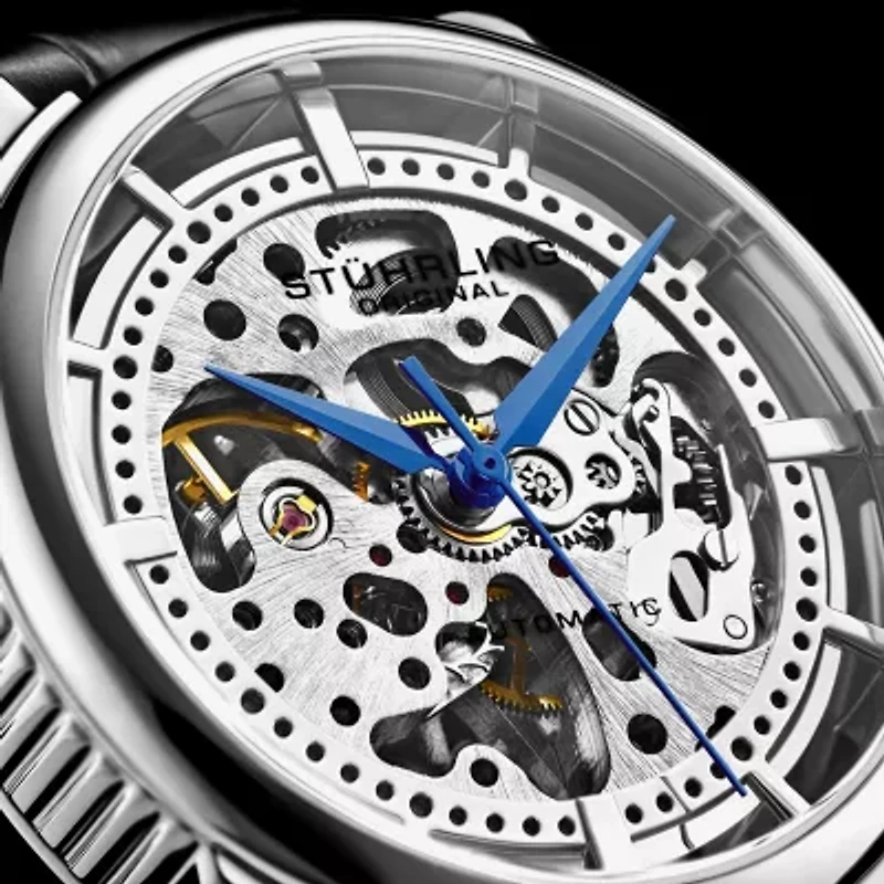 Stuhrling Mens Automatic Black Leather Strap Watch 3933