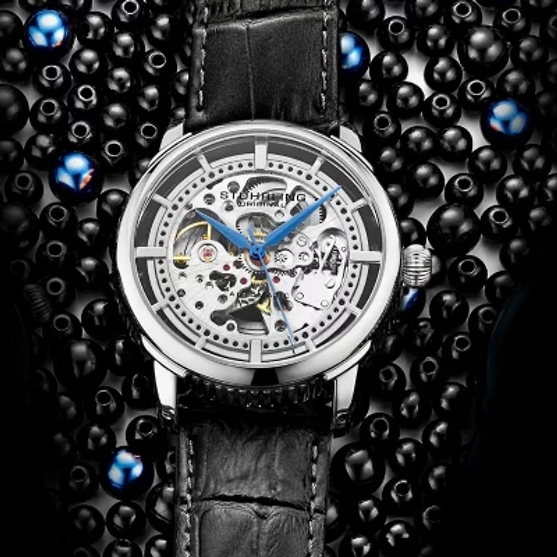 Stuhrling Mens Automatic Black Leather Strap Watch 3933