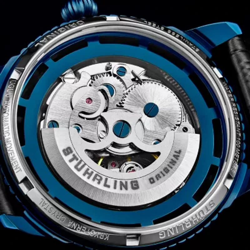 Stuhrling Mens Automatic Black Leather Strap Watch 3933 2