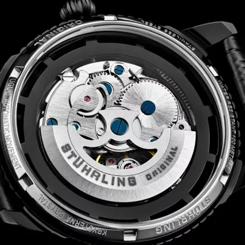 Stuhrling Mens Automatic Black Leather Strap Watch 3933 3