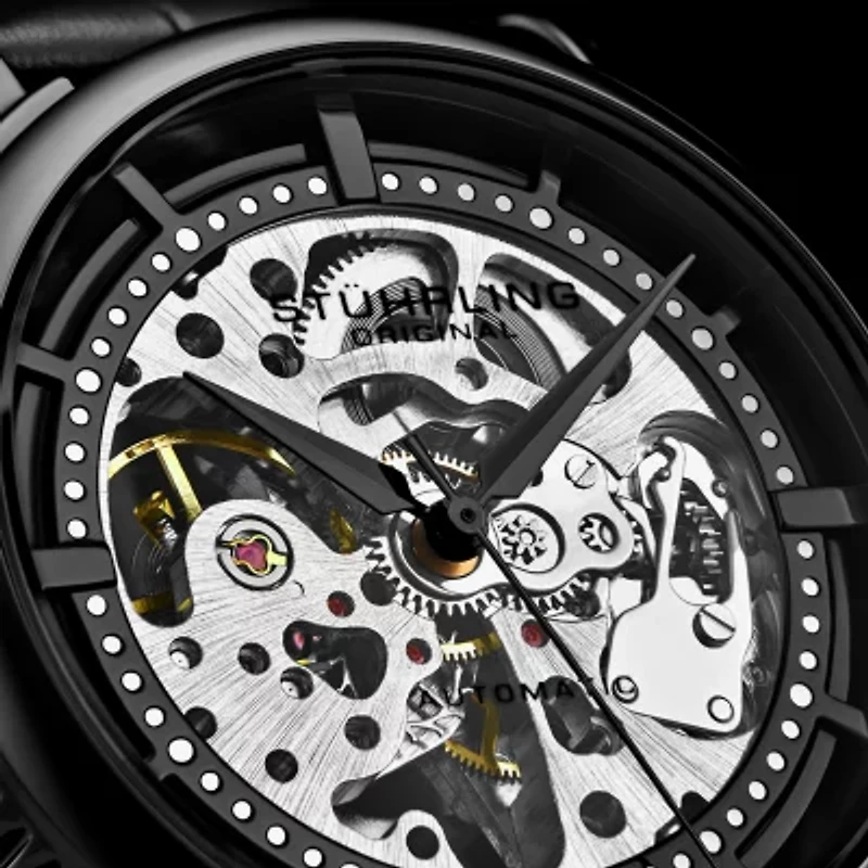 Stuhrling Mens Automatic Black Leather Strap Watch 3933 3