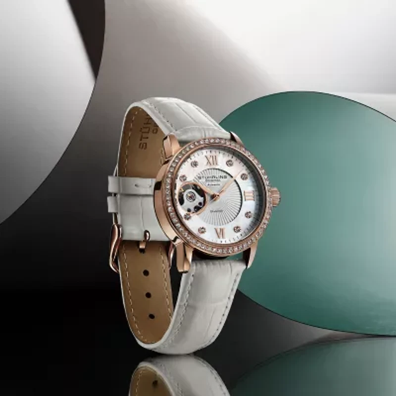 Stuhrling Womens Automatic White Leather Strap Watch 3952 2