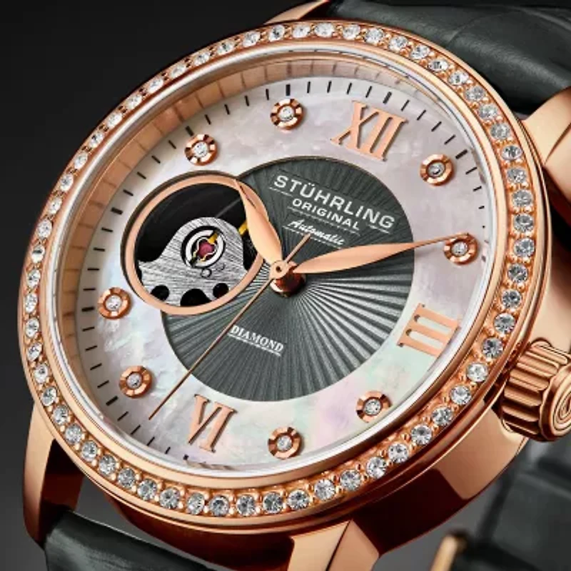 Stuhrling Womens Automatic Gray Leather Strap Watch 3952 3